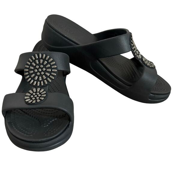 CROCS Shoes - Crocs Monterey Diamante Wedge Sandal Size 8 Black Shimmer Radial Cutout